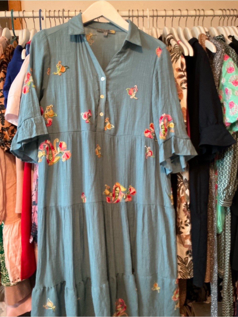 Figuero and flower ' Teal Embroidered Tiered Casual Dress size large